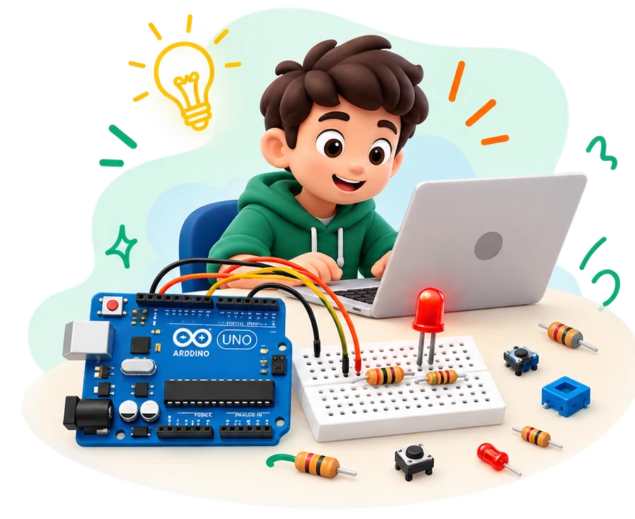 A young maker at a laptop, with an Uno and a breadboard with a glowing LED