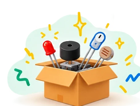 A box of electronic parts: LEDs, a buzzer, a knob and a light sensor